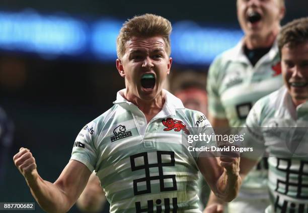 Chris Bell of Cambridge University scores his sides first try during the Oxford University vs Cambridge University Mens Varsity match at Twickenham...