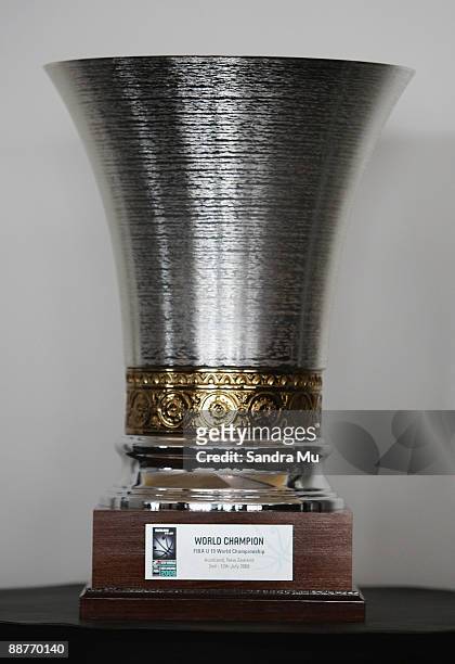 The Under 19 Championship trophy is on display during the FIBA U19 World Championship captains photocall at the Maritime Museum on July 1, 2009 in...