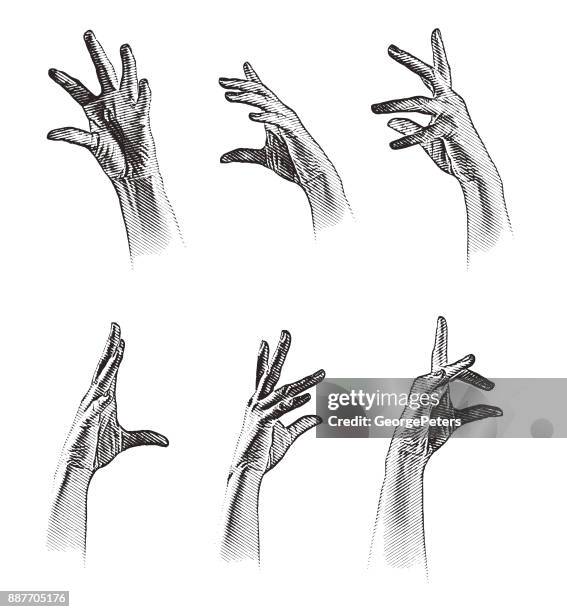 set of 6 engraved hand gestures. grouped separately. - index finger white background stock illustrations
