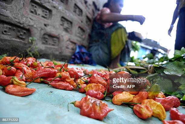 Tribal vendor displays 'Bhut Jolokia', claimed to be the world�s hottest chilli, at a local market in Guwahati, the capital city of the northeastern...