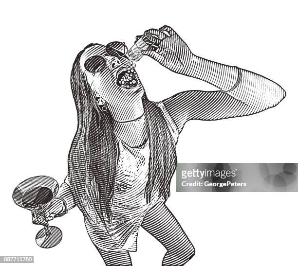ilustrações de stock, clip art, desenhos animados e ícones de humorous illustration of a rebellious woman abusing prescription medicine and alcohol - comportamento autodestrutivo