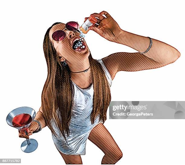 humorous illustration of a rebellious woman abusing prescription medicine and alcohol - self destruction stock illustrations