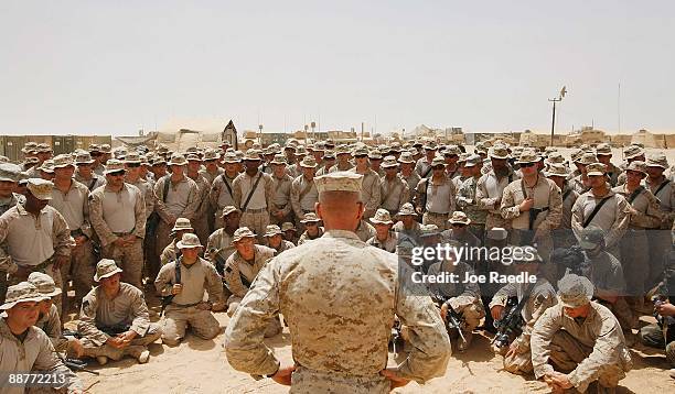 Lt. Col. Christian Cabaniss speaks to his Marines at Camp Dwyer on July 1, 2009 in Helmand Province, Afghanistan.The Marines are part of a stepped up...