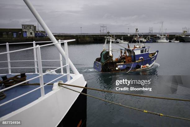 The fishing trawler Shiralee BM 35 heads out to sea on a fishing trip at Newlyn harbor in Newlyn, U.K., on Tuesday, Nov. 27, 2017. Prime Minister...