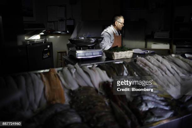 Fishmonger arranges a display of fresh fish including hake, bream, gurnard, plaice, pollock, haddock, sardines and squid, at the Trelawney Fish &...
