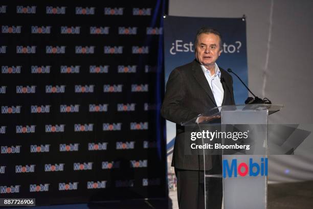 Pedro Joaquin Coldwell, Mexico's energy minister, speaks during the unveiling of an Exxon Mobil Corp. Gas station in Santiago de Queretaro, Mexico,...