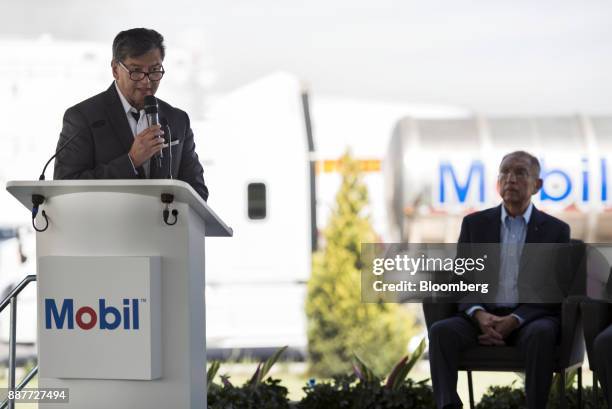 Carlos Rivas, general director of fuel for Exxon Mobil Corp., speaks during the unveiling of the Exxon Mobil Corp. Fuel terminal in San Jose...