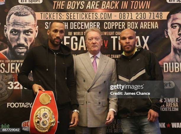 James DeGale, Frank Warren and Caleb Truax pose for a photo during a Boxing Press Conference at The Landmark London on December 7, 2017 in London,...