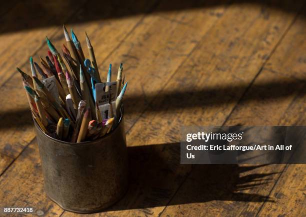 Pencils in a thanka painting school, Qinghai province, Wutun, China on October 26, 2017 in Wutun, China.