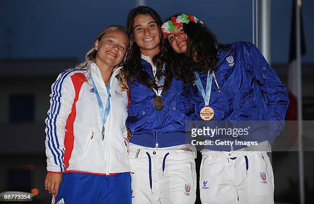 Silver medalist Lauriane Masson of France, gold medalist Ginevra Gentile of Italy and bronze medalists Giulia Pronesti of Italy stand on the podium...