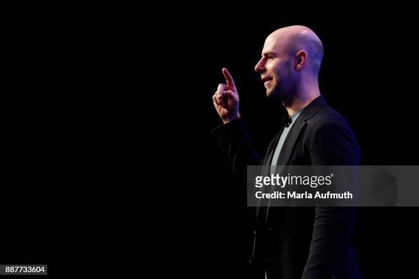 Author Adam Grant speaks during the Massachusetts Conference for Women 2017 at the Boston Convention Center on December 7, 2017 in Boston,...