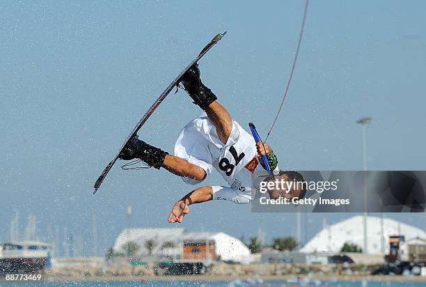 Riccardo Santori of Italy competes in the man's wakeboard heat of the water-skiing finals event during the XVI Mediterranean Games on June 29, 2009...