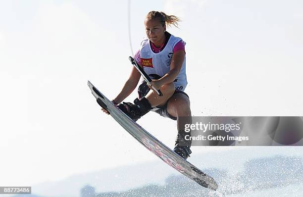 Lauriane Masson of France competes in the woman's wakeboard heat of the water-skiing finals event during the XVI Mediterranean Games on June 29, 2009...