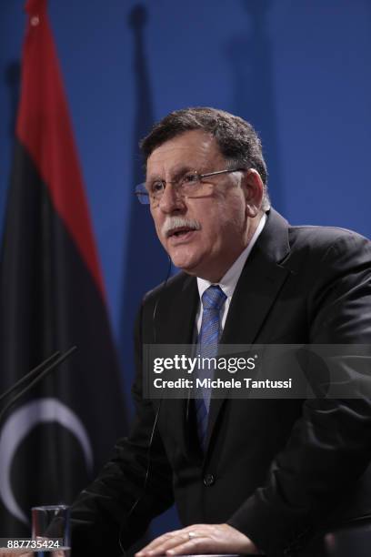 Chairman of the Presidential Council of Libya and prime minister Fayez Mustafa al-Sarraj adress the media during a press conference with Germany...