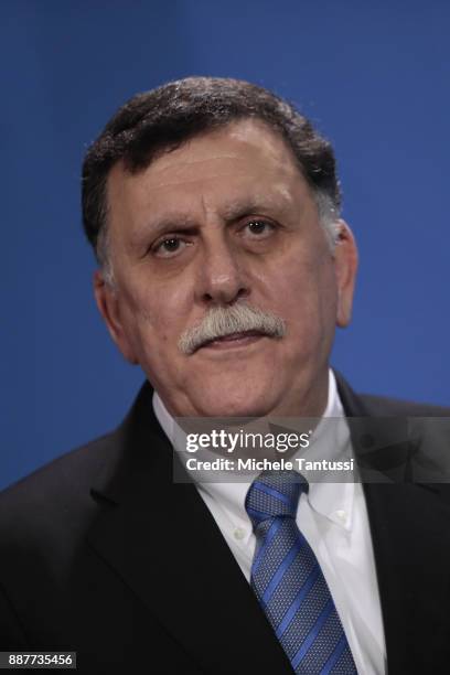 Chairman of the Presidential Council of Libya and prime minister Fayez Mustafa al-Sarraj adress the media during a press conference with Germany...