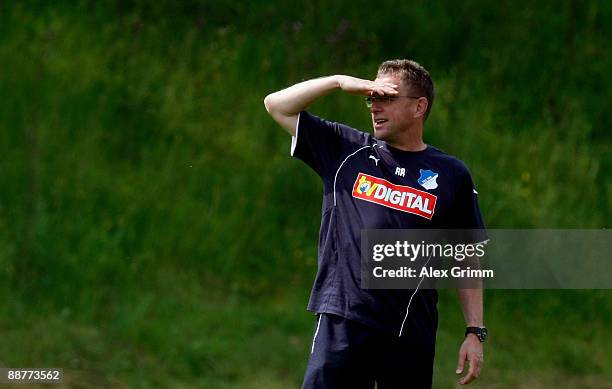 Head coach Ralf Rangnick looks on during a training session of 1899 Hoffenheim during a training camp on July 1, 2009 in Stahlhofen am Wiesensee,...