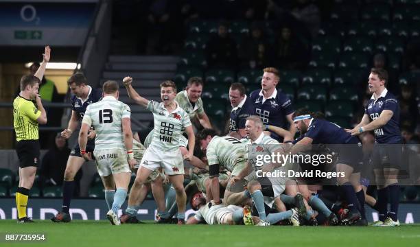 Charlie Amesbury of Cambridge University celebrates scoring their third try during the Oxford University vs Cambridge University Mens Varsity match...