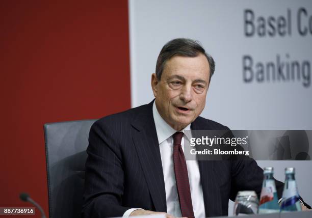 Mario Draghi, president of the European Central Bank , speaks during a Basel III capital rules news conference at the ECB headquarters in Frankfurt,...