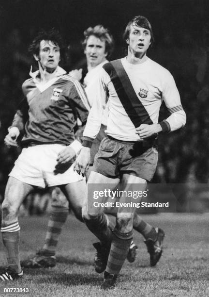 Dutch footballer Johan Cruyff playing for Barcelona against Ipswich Town in a UEFA Cup 3rd Round, 1st Leg match at Portman Road, Ipswich, 23rd...