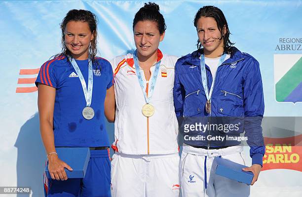 Silver medalist Ophelie-Cyrielle Etienne of France, Gold medalist Patricia Castro Ortega of Spain and Bronze medalist Alice Carpanese stand on the...