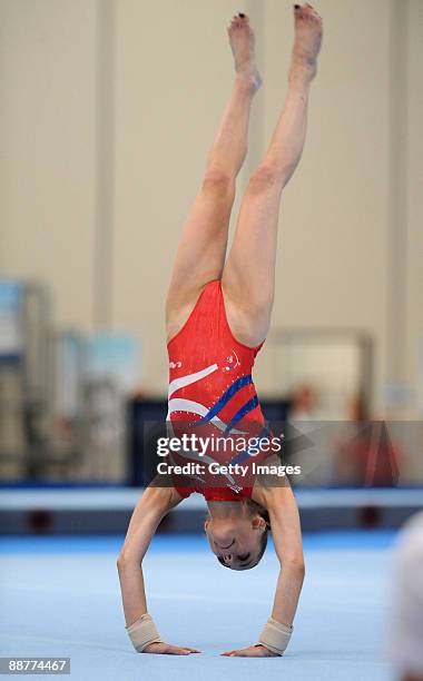 Pauline Morel of France performs her floor exercise during Women's Individual All-Around Final at the XVI Mediterranean Games on July 1, 2009 in...