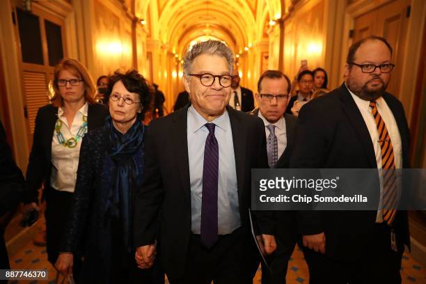 Sen. Al Franken and his wife Franni Bryson arrive at the U.S. Capitol Building December 7, 2017 in Washington, DC. Franken announced that he will be...