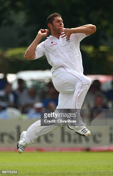 Tim Bresnan of England Lions in action on day one of the Ashes warm-up match between England Lions and Australia at New Road on July 01, 2009 in...
