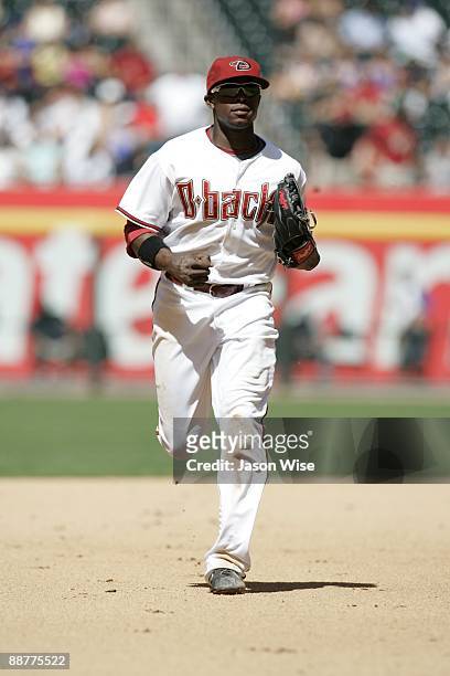 Justin Upton of the Arizona Diamondbacks jogs off the field against the Chicago Cubs on Wednesday, April 29, 2009 at Chase Field in Phoenix, Arizona....