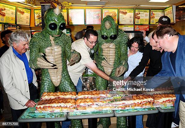 Producer Sid Krofft, TV Personality Jared Fogle, Director Brad Silberling, Producer Marty Krofft, and Tony Pace with Sleestaks appear at Subway for...