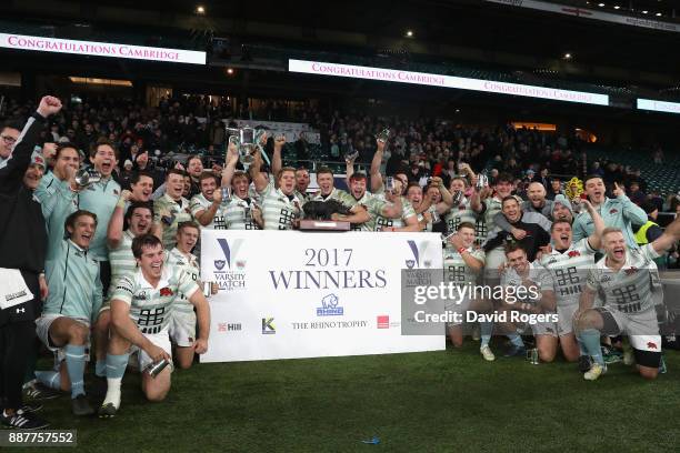 Cambridge players celebrate victory during the Oxford University vs Cambridge University Mens Varsity match at Twickenham Stadium on December 7, 2017...