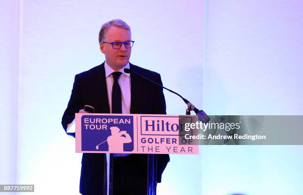 Keith Pelley, Chief Executive of the European Tour, speaks during the European Tour Hilton Golfer of the Year Lunch at the Waldorf Hilton hotel on...