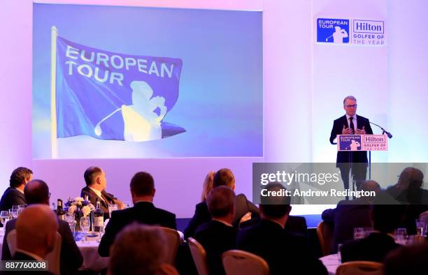Keith Pelley, Chief Executive of the European Tour, speaks during the European Tour Hilton Golfer of the Year Lunch at the Waldorf Hilton hotel on...