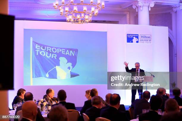 Keith Pelley, Chief Executive of the European Tour, speaks during the European Tour Hilton Golfer of the Year Lunch at the Waldorf Hilton hotel on...