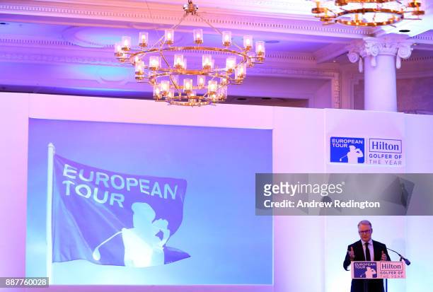 Keith Pelley, Chief Executive of the European Tour, speaks during the European Tour Hilton Golfer of the Year Lunch at the Waldorf Hilton hotel on...