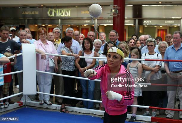 Susianna Kentikian of Germany in action during a public training session at the Wandsbek Quarre on July 1, 2009 in Hamburg, Germany. The WBA & WIBF...