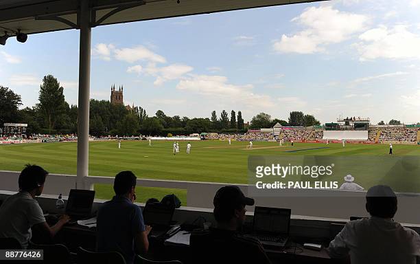 The view from the press box as England Lions take on Australia during the friendly international cricket match at New Road in Worcester, central...