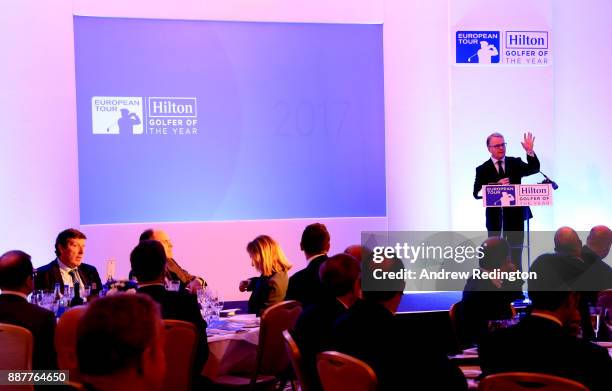 Keith Pelley, Chief Executive of the European Tour, speaks during the European Tour Hilton Golfer of the Year Lunch at the Waldorf Hilton hotel on...