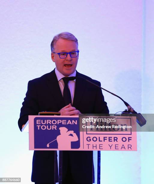 Keith Pelley, Chief Executive of the European Tour, speaks during the European Tour Hilton Golfer of the Year Lunch at the Waldorf Hilton hotel on...