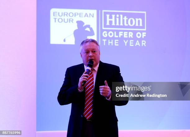 Scott Crockett, Communications Director at European Tour, speaks during the European Tour Hilton Golfer of the Year Lunch at the Waldorf Hilton hotel...