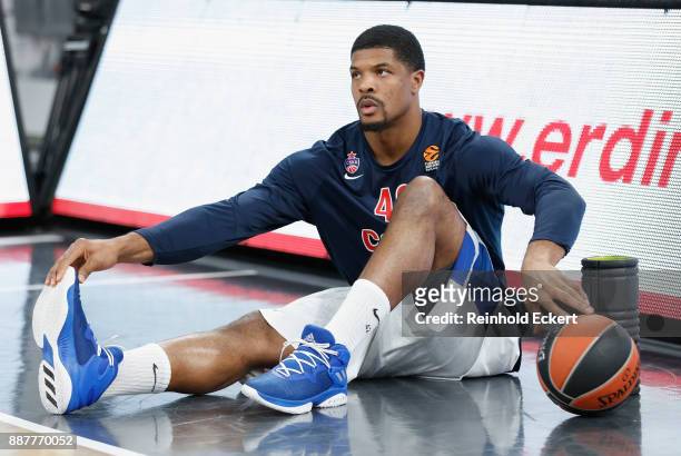 Kyle Hines, #42 of CSKA Moscow warming up before the 2017/2018 Turkish Airlines EuroLeague Regular Season Round 11 game between Brose Bamberg and...