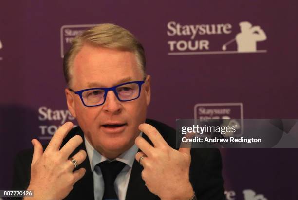 Keith Pelley, Chief Executive of the European Tour, speaks at a press conference to announce the European Senior Tour will now ne named theStaysure...