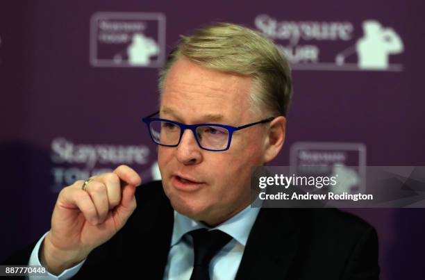 Keith Pelley, Chief Executive of the European Tour, speaks at a press conference to announce the European Senior Tour will now ne named theStaysure...