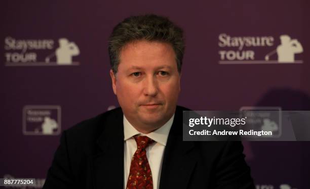 Julian Kearney, CEO of Staysure, speaks a press conference to announce the European Senior Tour will now ne named theStaysure Tour during the...