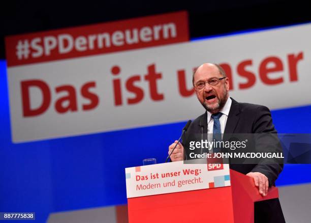 Leader of the Social Democratic Party , Martin Schulz, holds a speech during a party congress of Germany's Social Democrats in Berlin, on December 7,...