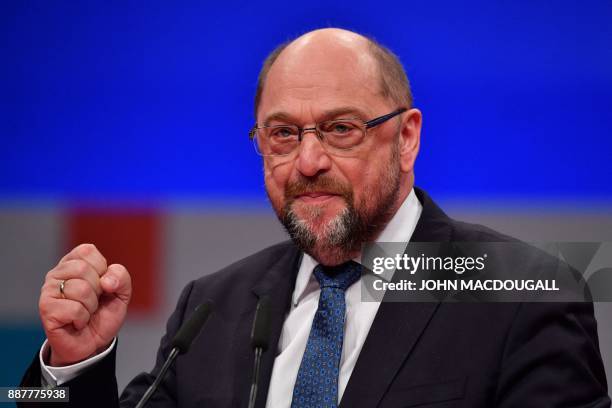 Leader of the Social Democratic Party , Martin Schulz, gestures as he holds a speech during a party congress of Germany's Social Democrats in Berlin,...