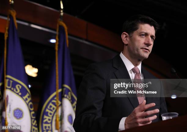 Speaker of the House Paul Ryan answers questions during a press conference at the U.S. Capitol December 7, 2017 in Washington, DC. Ryan answered a...