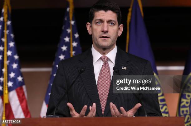 Speaker of the House Paul Ryan answers questions during a press conference at the U.S. Capitol December 7, 2017 in Washington, DC. Ryan answered a...