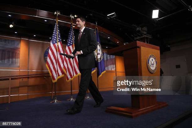 Speaker of the House Paul Ryan departs a press conference at the U.S. Capitol December 7, 2017 in Washington, DC. Ryan answered a range of questions...