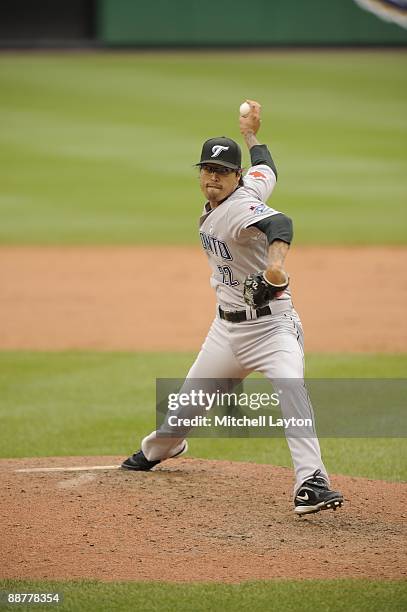 Brandon League of the Toronto Blue Jays pitches during a baseball game against the Washington Nationals on June 21, 2009 at Nationals Park in...