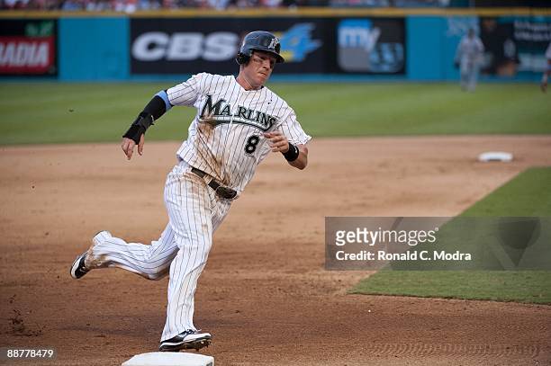 Chris Coghlan of the Florida Marlins rounds third base during a MLB game against the New York Yankees at LandShark Stadium on June 21, 2009 in Miami,...